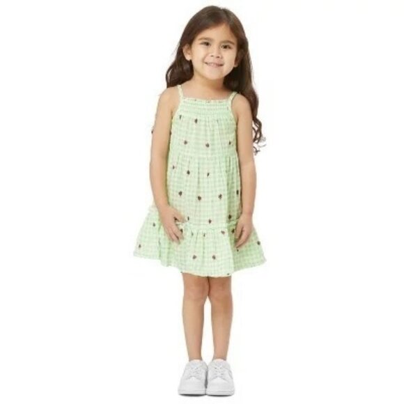 PEEK Ladybug Schiffli Dress Lime Gingham 10 Embroidered Smocked Sundress Tiered - Picture 4 of 11